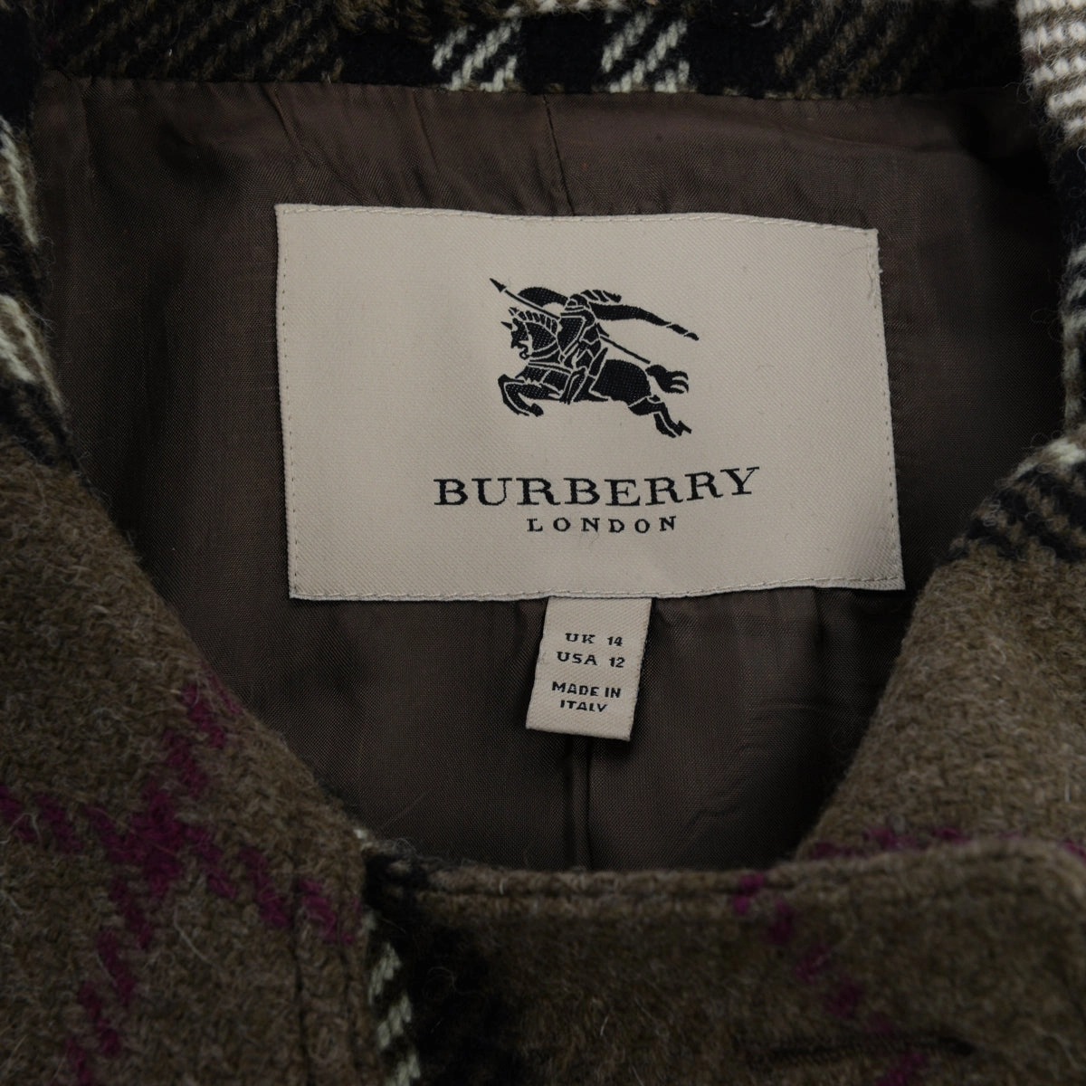 Burberry Olive Lambswool Classic Nova Check Coat UK 14