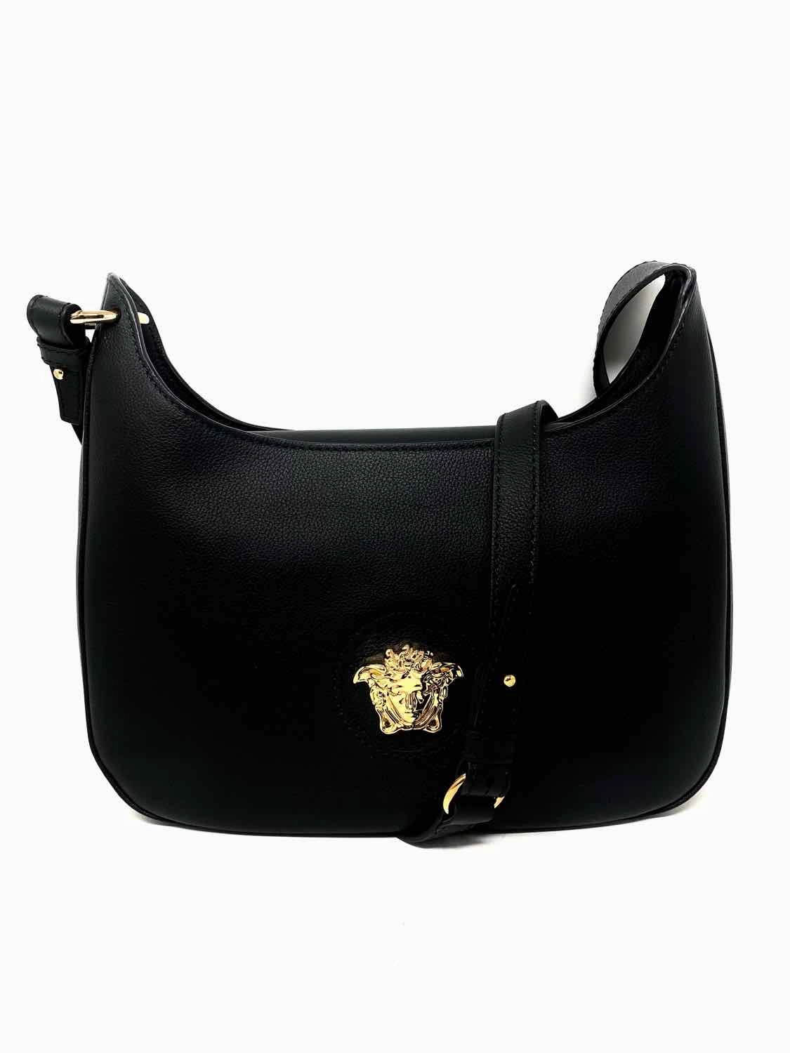 Versace La Medusa Hobo Black Gold Tone Pebbled Leather Shoudler Bag Satchel