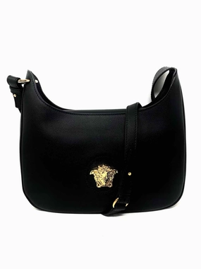 Versace La Medusa Hobo Black Gold Tone Pebbled Leather Shoudler Bag Satchel